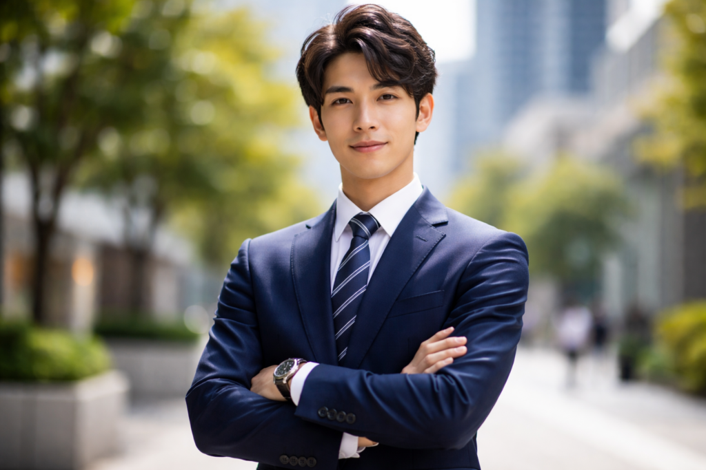 自信満々で正面を向いている男性