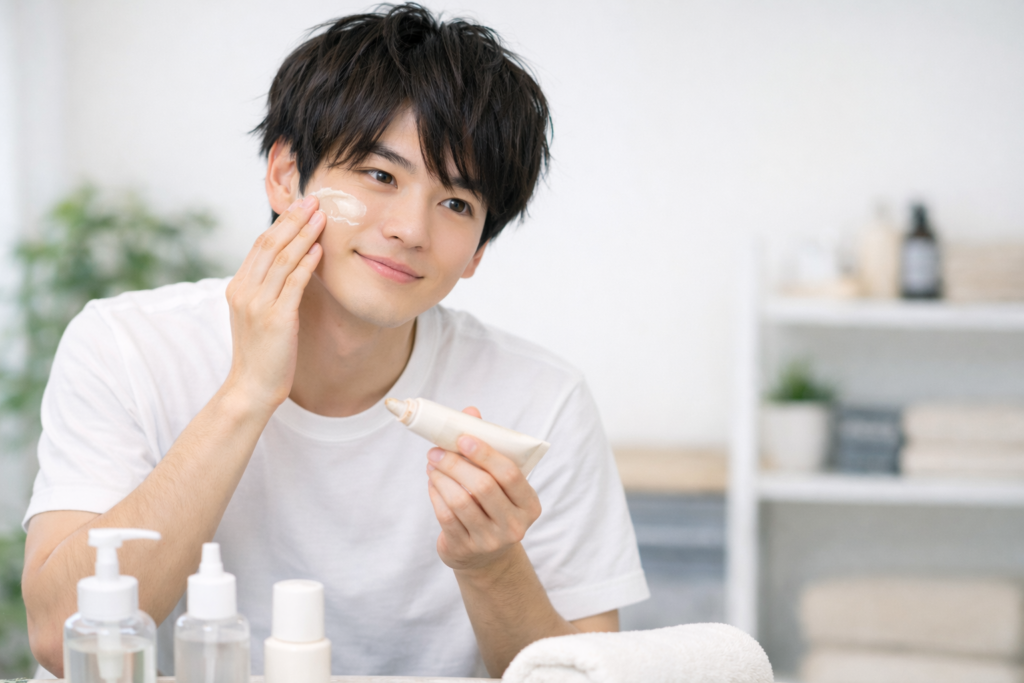 化粧下地を塗る男性