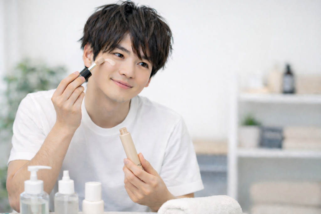 コンシーラーを塗る男性