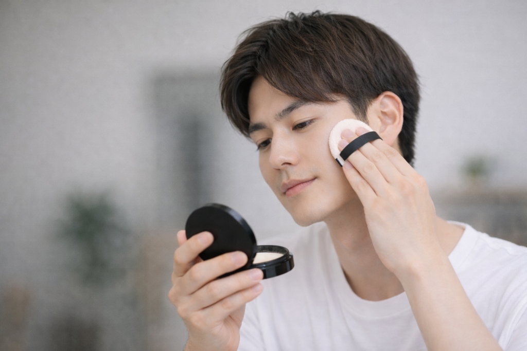フェイスパウダーを使用している男性