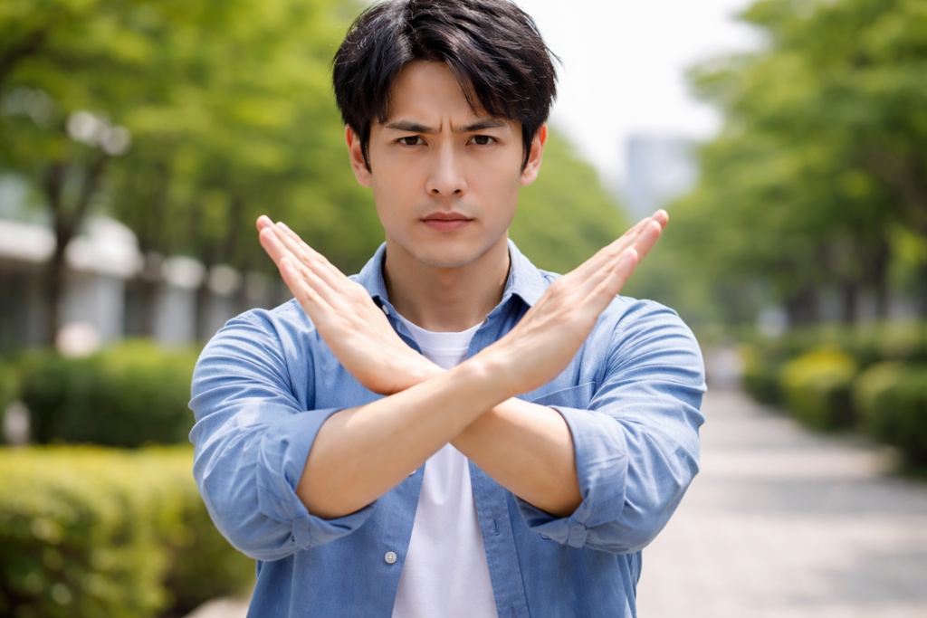 こちらに向かって手をクロスする男性