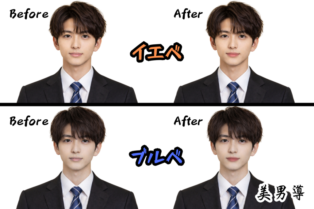 イエローベースとブルーベースのリップを塗った前と塗った後