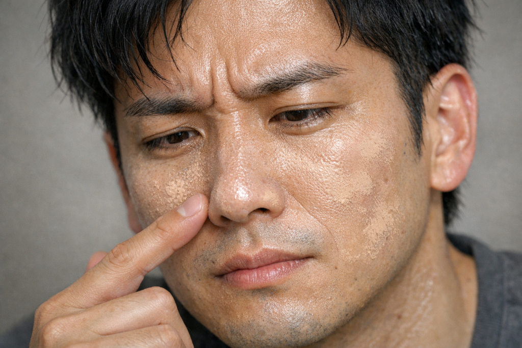 BBクリームや下地がヨレて浮いている男性