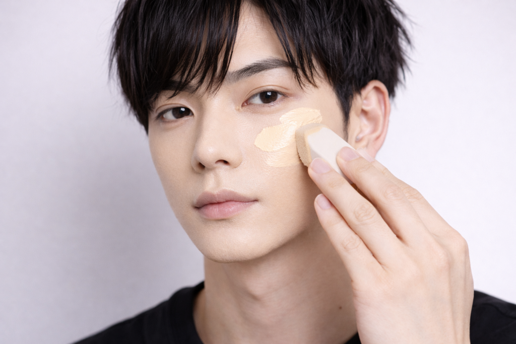 ファンデーションを重ね塗りしている男性