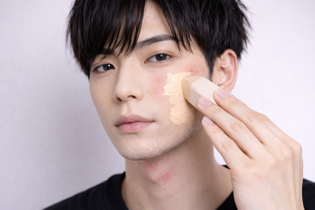 青髭と肌の赤みをファンデーションで隠そうとしている日本人男性