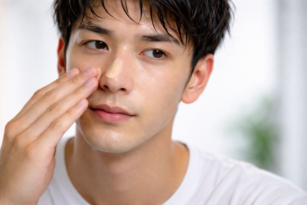 BBクリームを鼻に乗せている男性