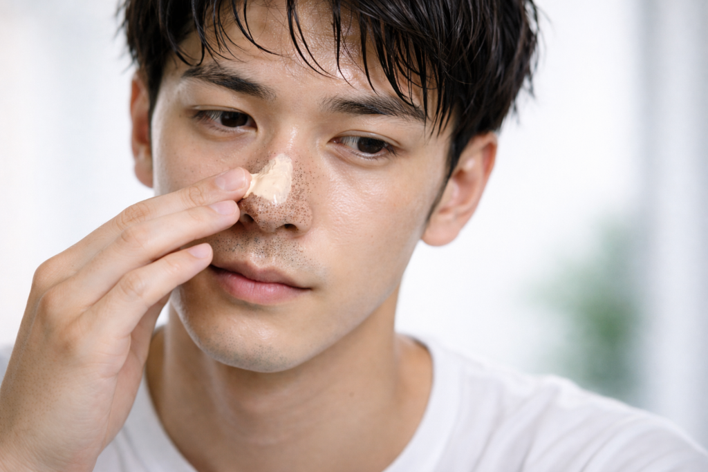 鼻の黒ずみが目立つ男性が黒ずみに少量のBBクリームを塗っている画像