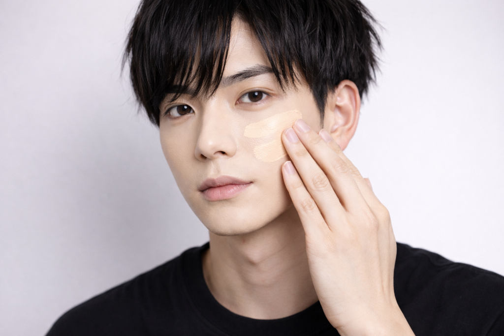 指でファンデーションを伸ばしている男性