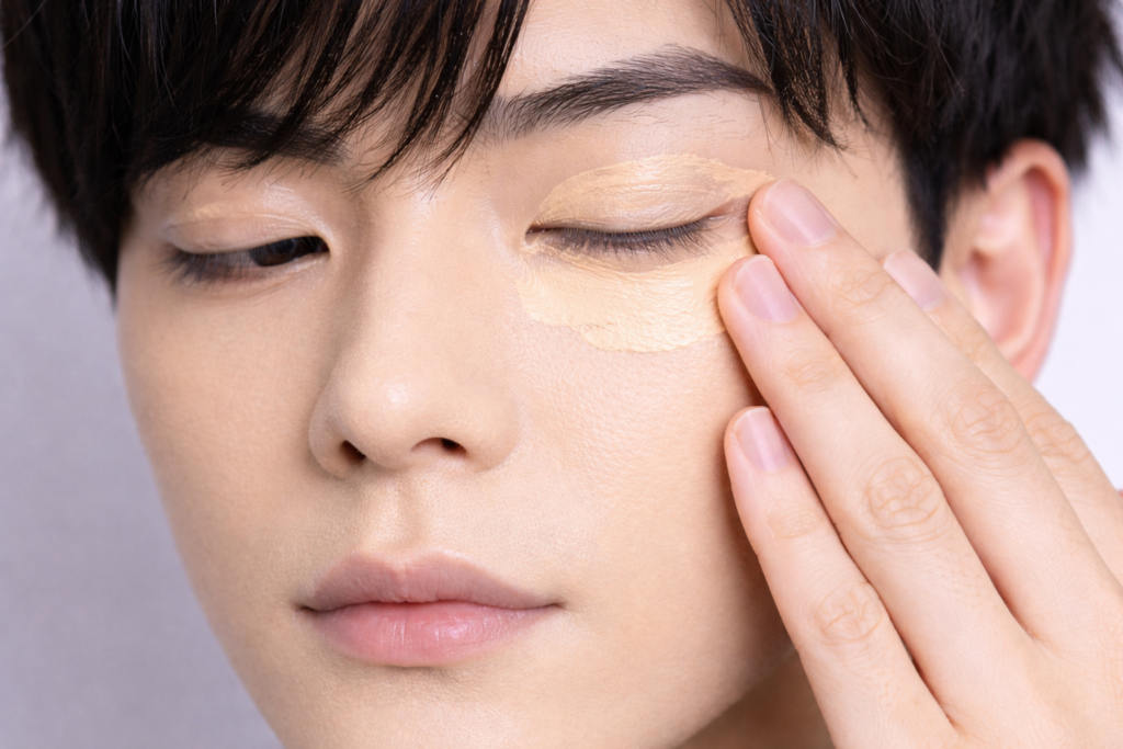 目元・まぶたにファンデーションを乗せる男性