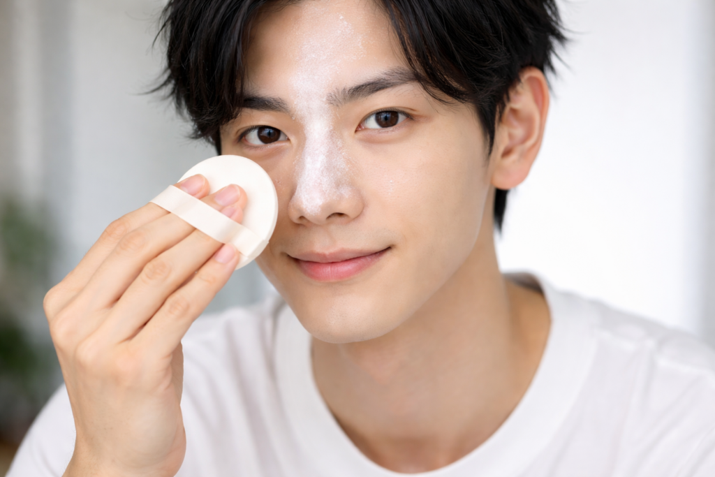 Tゾーンにフェイスパウダーを乗せる男性