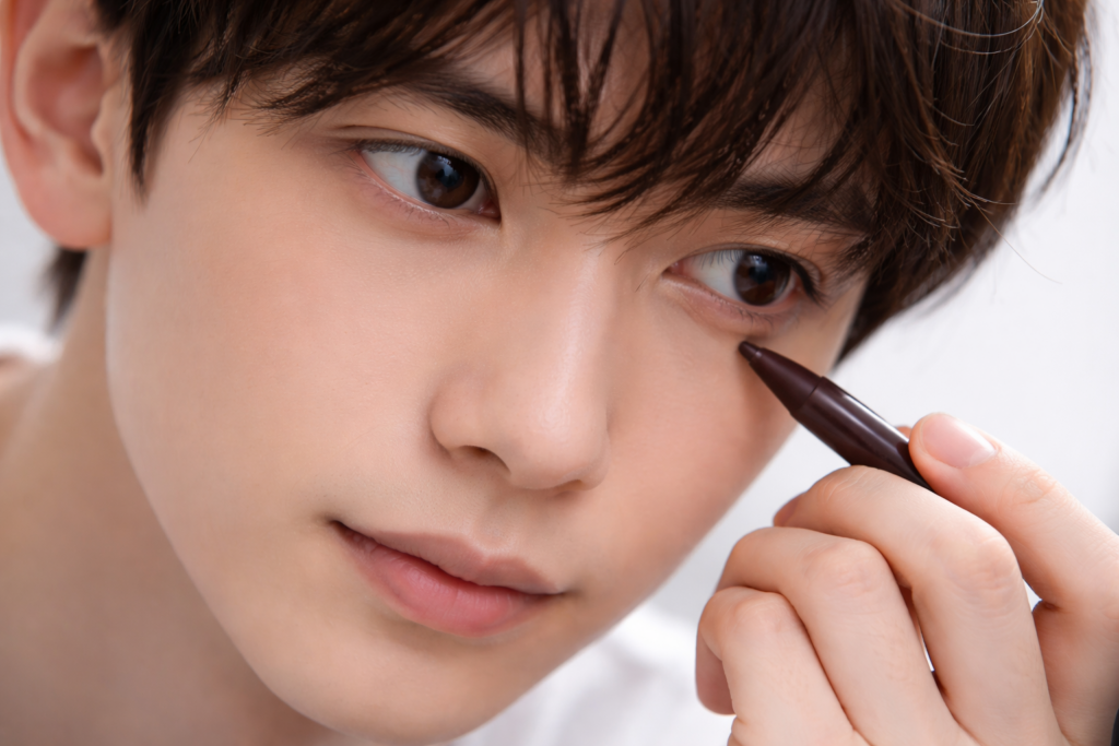 アイライナーで涙袋に影ラインを描く日本人男性